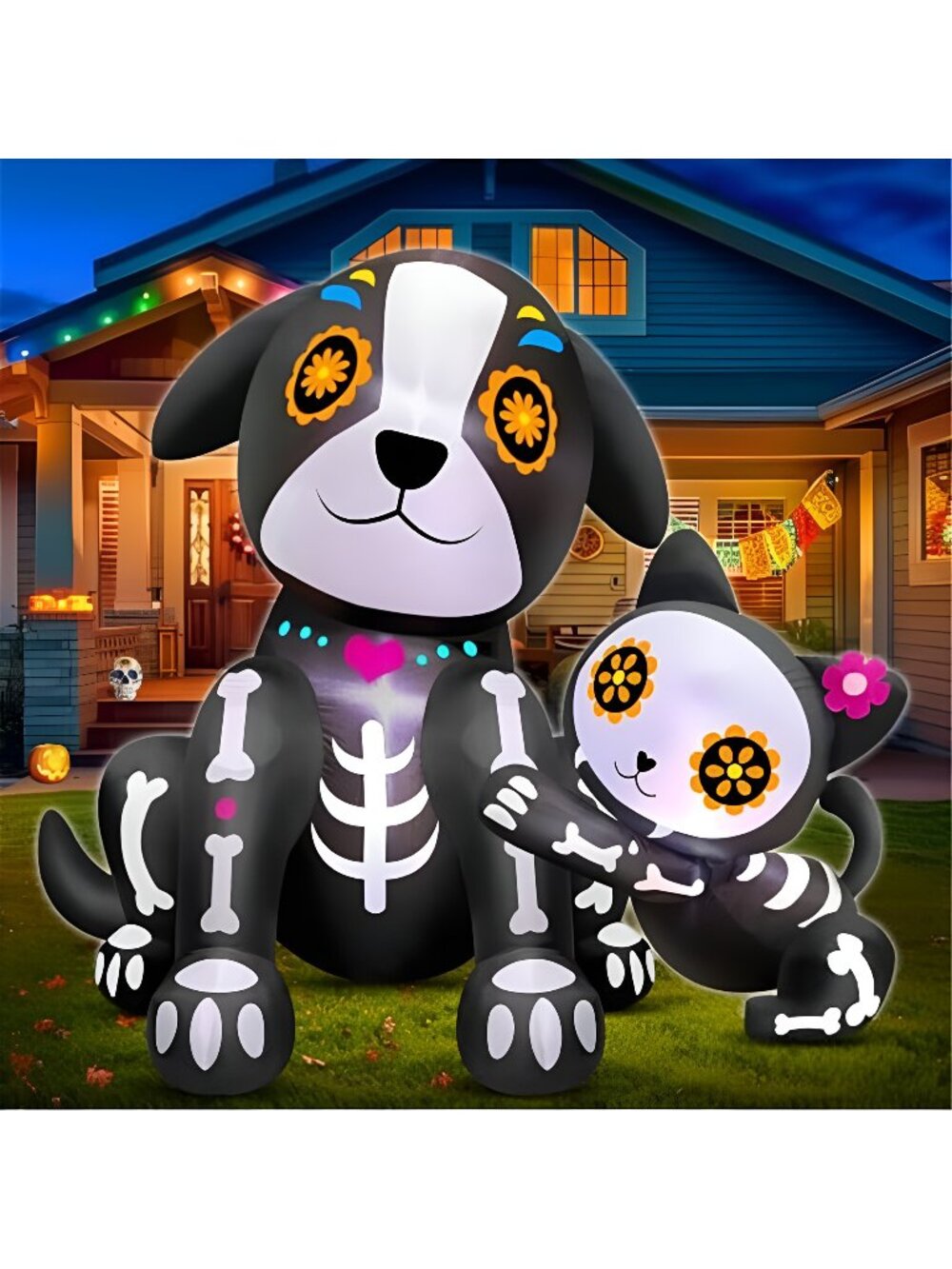 5 Ft Day of The Dead Inflatables Black Cat & Skull Dog with Built-in LEDs